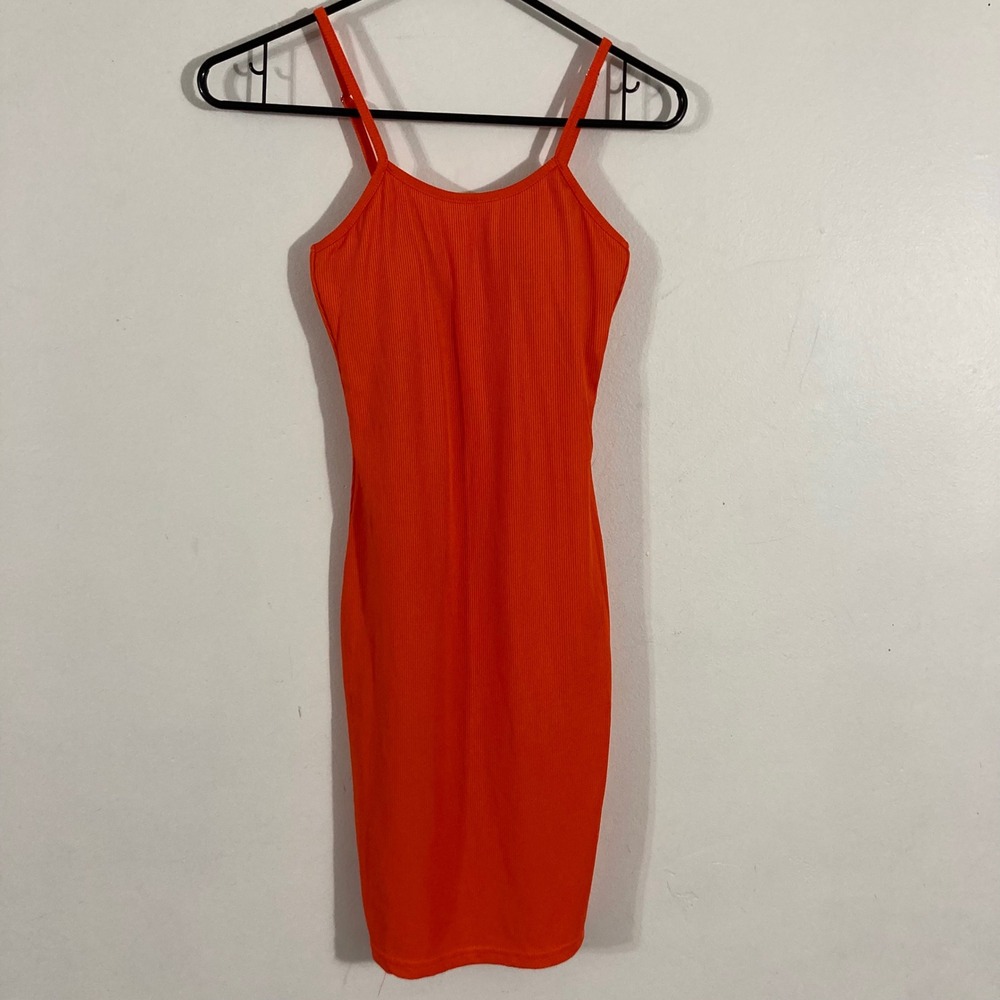 New Look Bodycon Dress Womens Size S Orange Ribbed Mini Spaghetti Strap